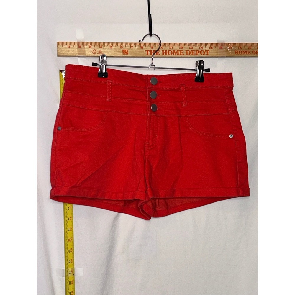 No Boundaries Womens Red Mid Rise Triple Button Fly Denim Shorts Size 15